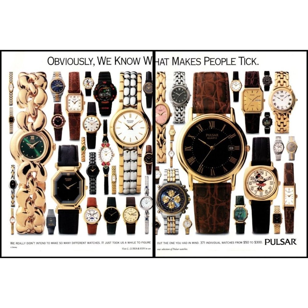 1993 Pulsar Mens and Womens Watch 2 Page Vintage Print Ad Minnie Mouse Wall Art